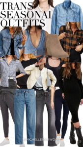 A collage of various clothing pieces for trans-seasonal outfits, featuring items such as a jean shirt, denim jacket, denim vest, bomber jacket, striped shirt, suede blazer, black dress, and lace-up boots. The outfits highlight versatile and layered styles ideal for transitioning between fall and winter.