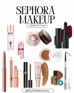 A variety of makeup products from Sephora, featuring brands like Charlotte Tilbury, NARS, and Fenty Beauty, curated by Michelle Norwood Living.