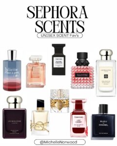 A selection of unisex scents from Sephora, including Tom Ford, Jo Malone, and Chanel fragrances, curated by Michelle Norwood Living.