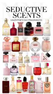 A visually captivating collage of luxury perfume bottles, featuring top Valentine's Day fragrances like Tom Ford, Gucci, Prada, and Jo Malone, arranged elegantly with a romantic theme.